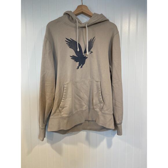 American Eagle Hoodie Men's Large Super Soft Beige Graphic Pullover Fleece - Picture 1 of 4